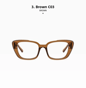 Detail of transparent brown square frame glasses with anti-blue light clear lenses