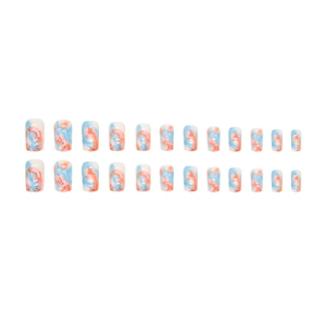 Sunset blue and orange gradient marble square fake nails with 24 pieces set