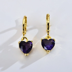 Gold plated heart drop earrings with deep purple zircon stones on a white background