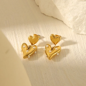 18k gold plated stainless steel heart stud earrings with white pearls for women