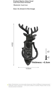 Dimensions détaillées du heurtoir de porte tête de cerf en fonte avec vis d'installation