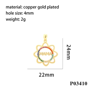 Macro view of MAMA heart charm in gold plated copper with colorful cubic zirconia stones