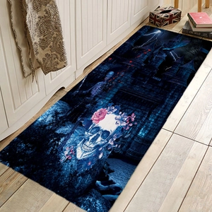 Macro shot of Halloween gothic runner rug with skull and castle print on wooden floor