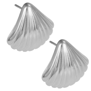 Macro detail of silver 304 stainless steel shell stud earrings with polished texture