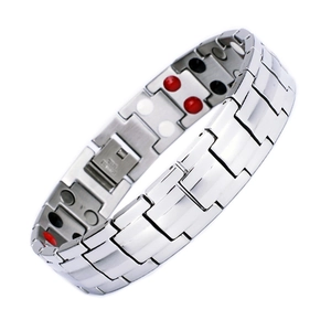Men's magnetic stainless steel energy bracelet with therapy stones on white background