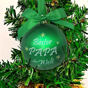 Frosted dark green Christmas ball ornament with Bester PAPA der Welt and a green bow