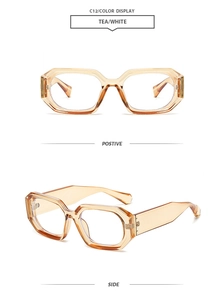Detailed views of vintage geometric tea and white square frame sunglasses from two angles