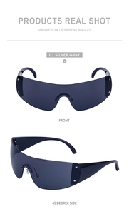 Detailed views of Y2K rimless silver sunglasses with star metallic temple decorations