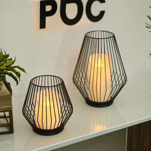 Nordic black metal geometric lantern candle holder set with LED pillar candles