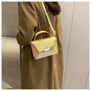 Detail of color-block crossbody bag featuring gold hardware and adjustable strap on a model