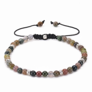Adjustable 4mm colorful natural stone beaded bracelet with bohemian woven cord style