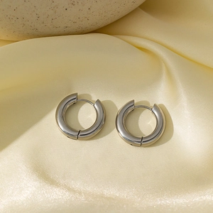 Polished silver 4mm thick stainless steel hoop earrings on elegant silk fabric