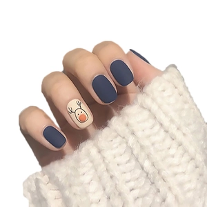 Short square matte press-on nails with dark blue and hand-painted Christmas deer design