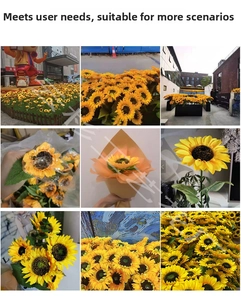Collage of artificial sunflowers showing realistic silk petals and various decor settings