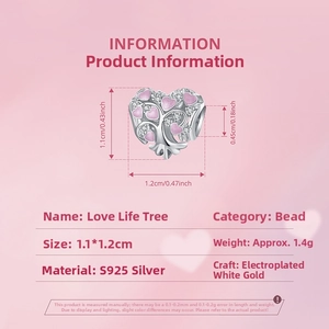 Size chart for s925 silver love tree heart charm with dimensions 1.1x1.2cm and weight 1.4g