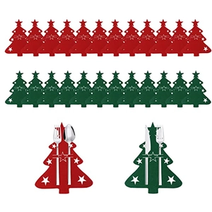 Christmas tree shaped felt cutlery holder set in red and green for holiday table decor