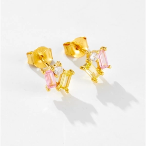 S925 sterling silver studs with pink and yellow square-cut cubic zirconia crystals