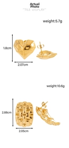Detailed view of gold geometric heart and rectangular woven texture hoop earrings