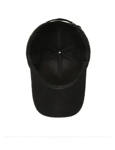 Detailed interior view of a black baseball cap with durable stitching and metal buckle