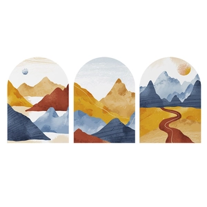 Lot de 3 stickers muraux arches style bohème avec paysages abstraits de montagnes et soleil