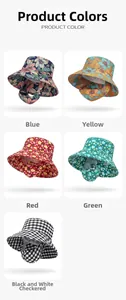 Detail showing five floral and plaid sun hats with detachable face masks for UV protection
