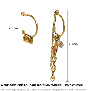 Detail view of asymmetric gold stainless steel tassel earrings with size dimensions