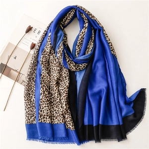 Royal blue and leopard print color-block scarf with tassel fringe for winter