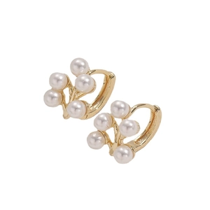 Elegant 14K gold plated pearl cluster huggie earrings with a minimalist vintage design