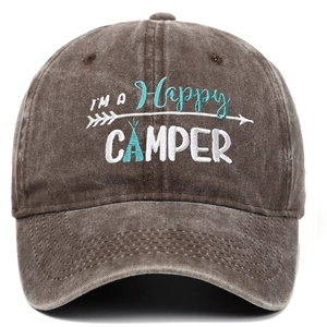 Close-up of Happy Camper colorful embroidery on vintage washed charcoal baseball cap