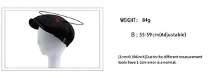 Size chart for black newsboy cap showing adjustable head circumference 55-59 cm