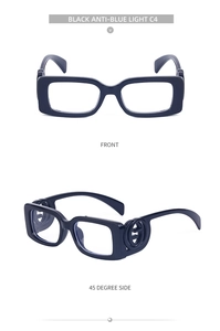 Detail view of black rectangular frames with anti-blue light lenses and side logo