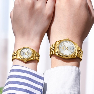 Luxury gold couple watches with diamond dials and waterproof stainless steel straps