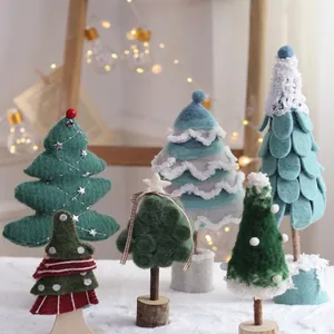 Handmade wool felt Christmas tree set with stars and wooden base for Nordic festive decor