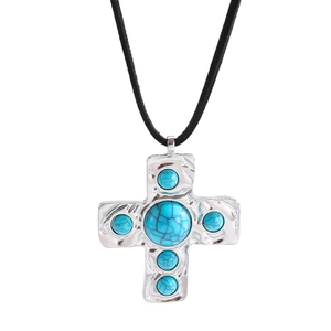 Vintage silver cross necklace with turquoise stones and textured hammer finish