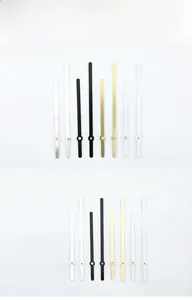 Detailed display of metal clock hands in various colors and sizes for clock DIY projects