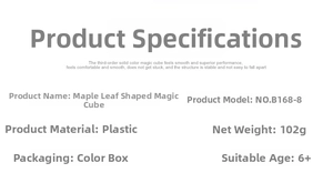 Detailed specifications chart for the maple leaf magic cube showing material and size