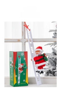 Détail du Père Noël grimpant avec sac de cadeaux sur une échelle blanche et étoile rouge