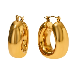 Polished gold-plated stainless steel oval U-shaped hoop earrings with a mirror finish