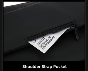 Detailed view of waterproof shoulder strap pocket for easy card and coin storage