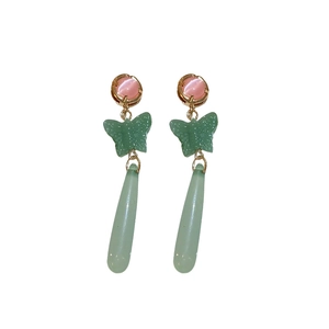 Elegant butterfly drop earrings with cat eye stone and resin teardrop pendant for women