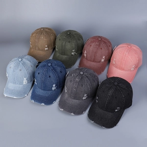 Eight colors of vintage washed denim baseball caps with distressed ripped details