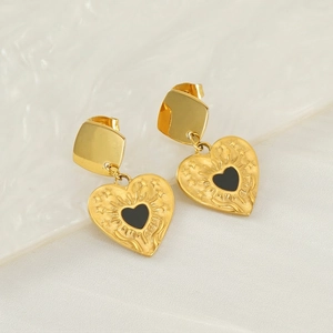 Boucles D'oreilles Pendentif Coeur Acier Inoxydable Plaqué Or 18K Motif Soleil Étoile Émail Noir Bijoux Rétro