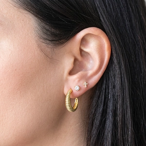 S925 sterling silver gold cross stud and ribbed hoop earrings set for women