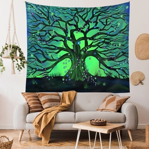 Detail of life tree tapestry showing vibrant neon colors and high-density fabric texture