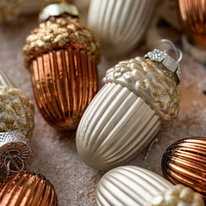 Acorn Christmas tree ornaments in bronze and champagne gold with glitter accents