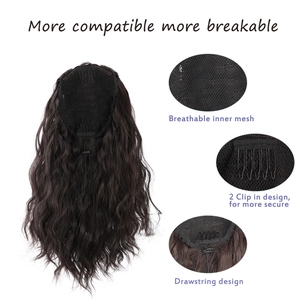 Deep brown water wave drawstring ponytail hairpiece with secure clips and breathable net