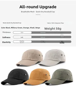 Detailed chart showing lightweight 100% polyester quick-dry baseball caps in five colors