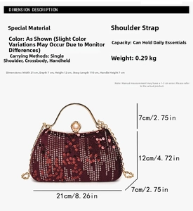 Detail showing dimensions of red sequin evening bag with pearl clasp and metal chain