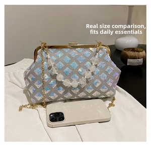 Detailed capacity view of a silver sequined clutch bag with a golden chain and bead handle