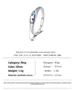 Detailed size chart showing adjustable ring dimensions and blue zircon inlay specifications